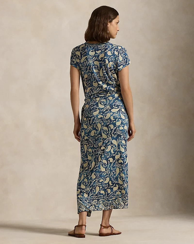 Print Linen Faux-Wrap Dress