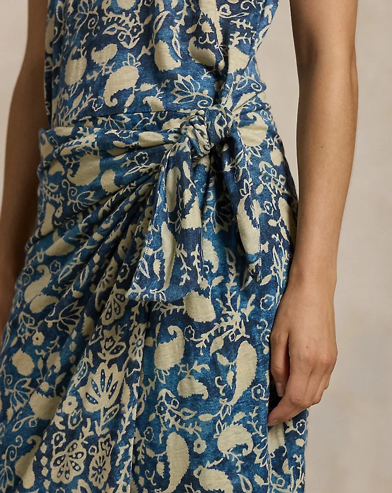Print Linen Faux-Wrap Dress