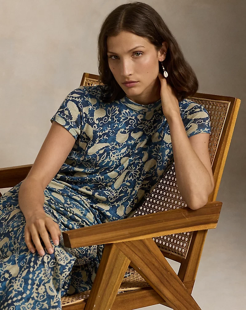 Print Linen Faux-Wrap Dress
