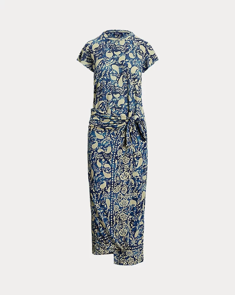 Print Linen Faux-Wrap Dress