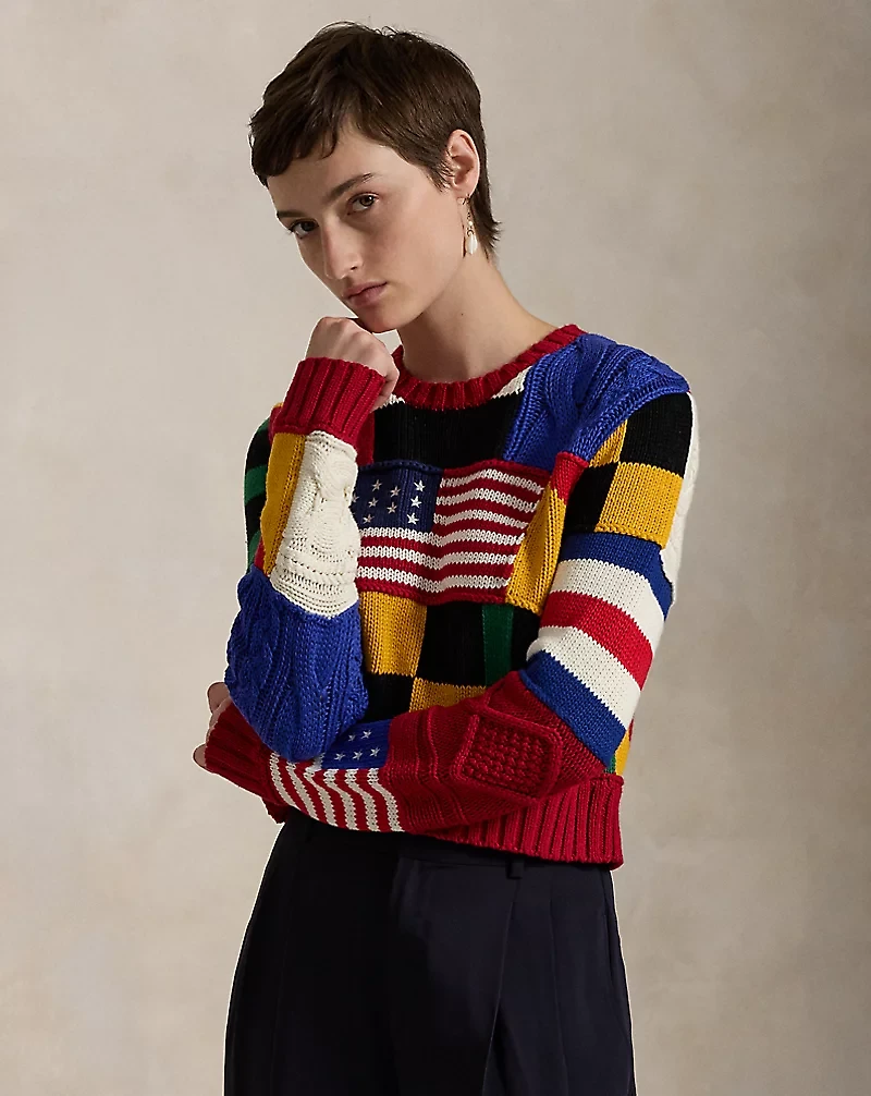 Patchwork Flag Cotton Crewneck Sweater