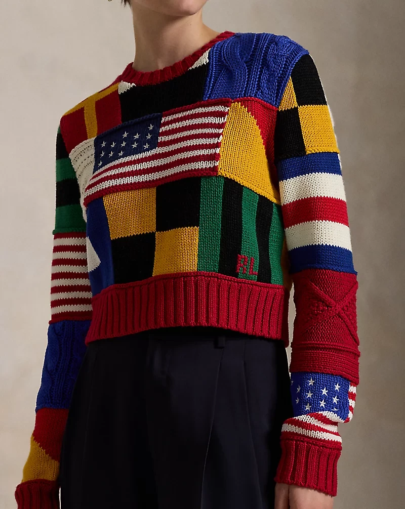 Patchwork Flag Cotton Crewneck Sweater