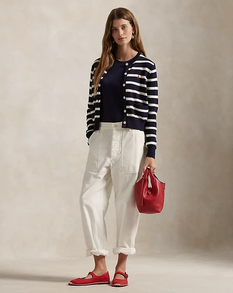 Striped Cotton Crewneck Cardigan