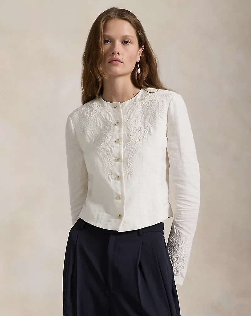 Floral-Embroidered Linen Jacket