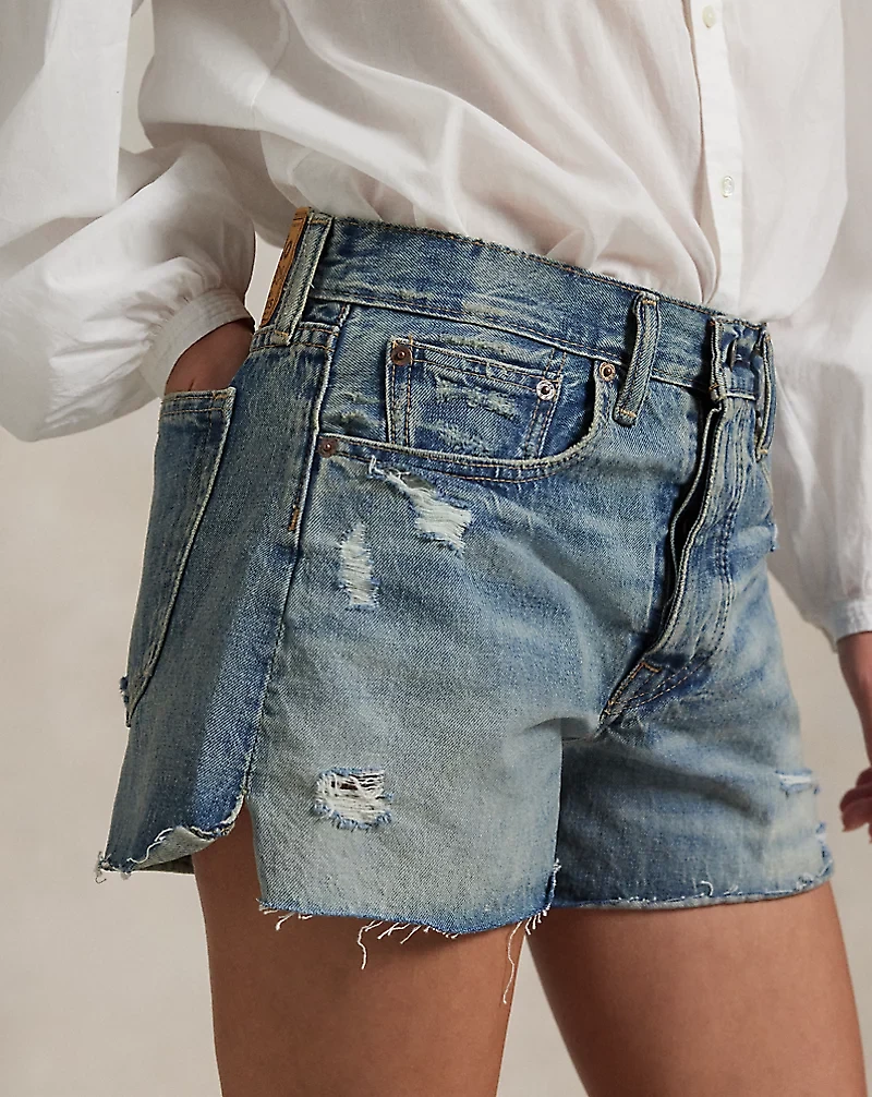 Distressed-Hem Denim Short