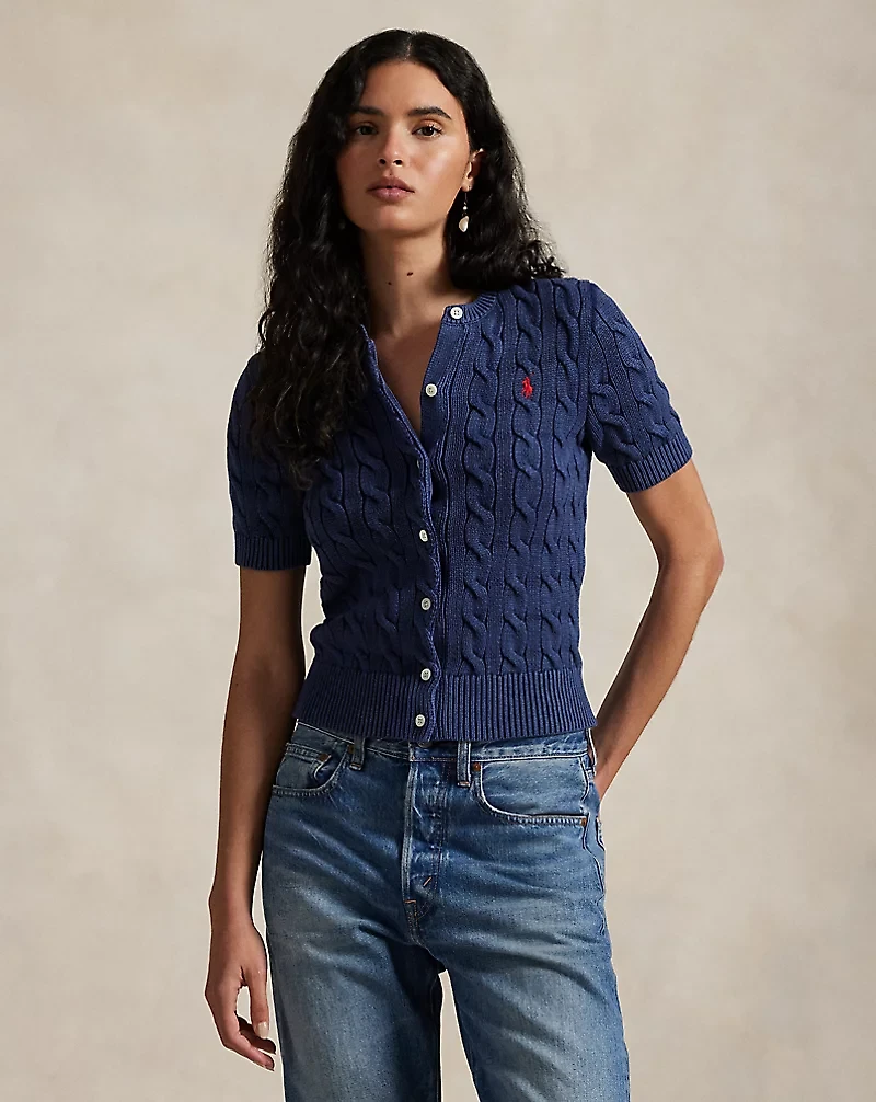 Cable-Knit Cotton Short-Sleeve Cardigan