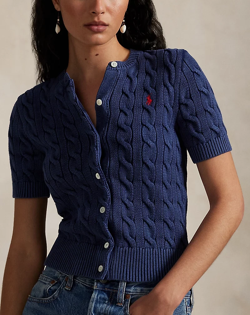 Cable-Knit Cotton Short-Sleeve Cardigan