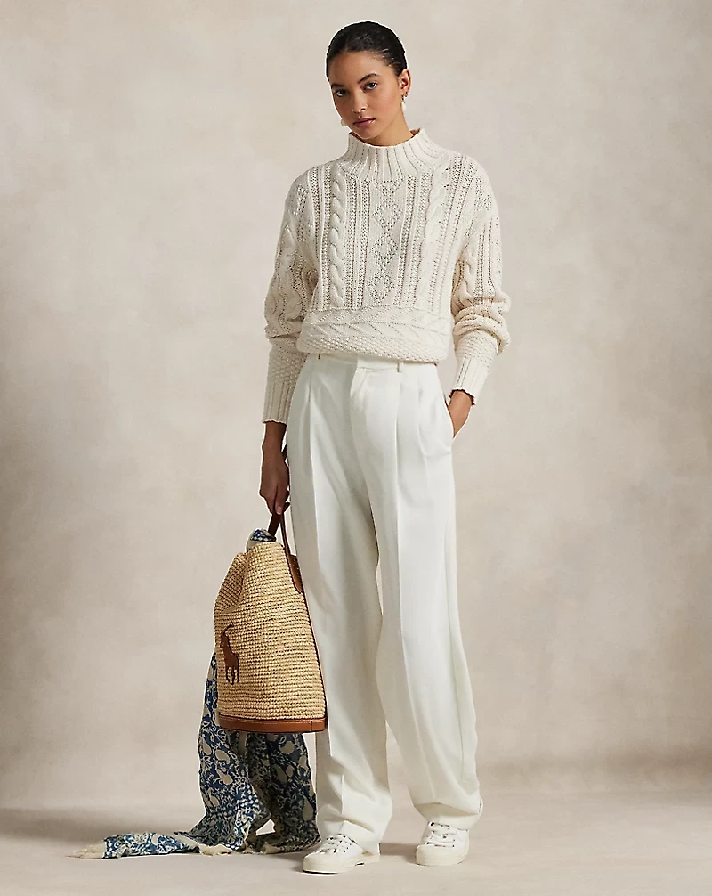 Aran-Knit Cotton Mockneck Sweater