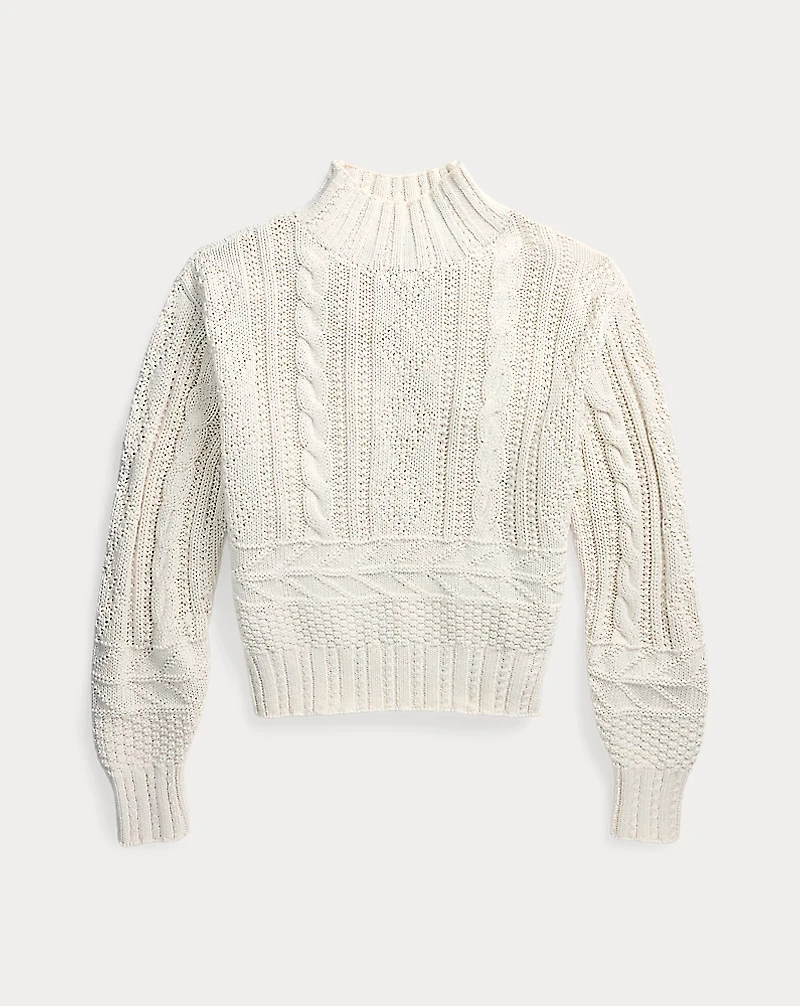 Aran-Knit Cotton Mockneck Sweater