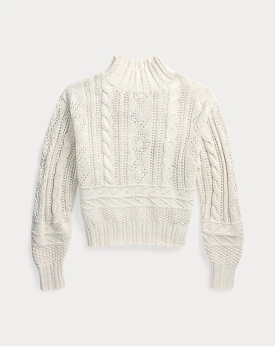 Aran-Knit Cotton Mockneck Sweater