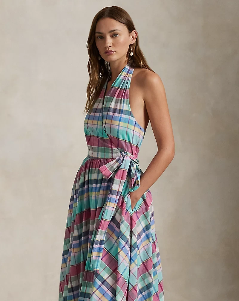 Plaid Cotton Halter Wrap Dress