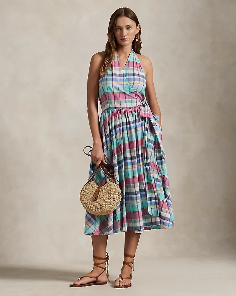 Plaid Cotton Halter Wrap Dress