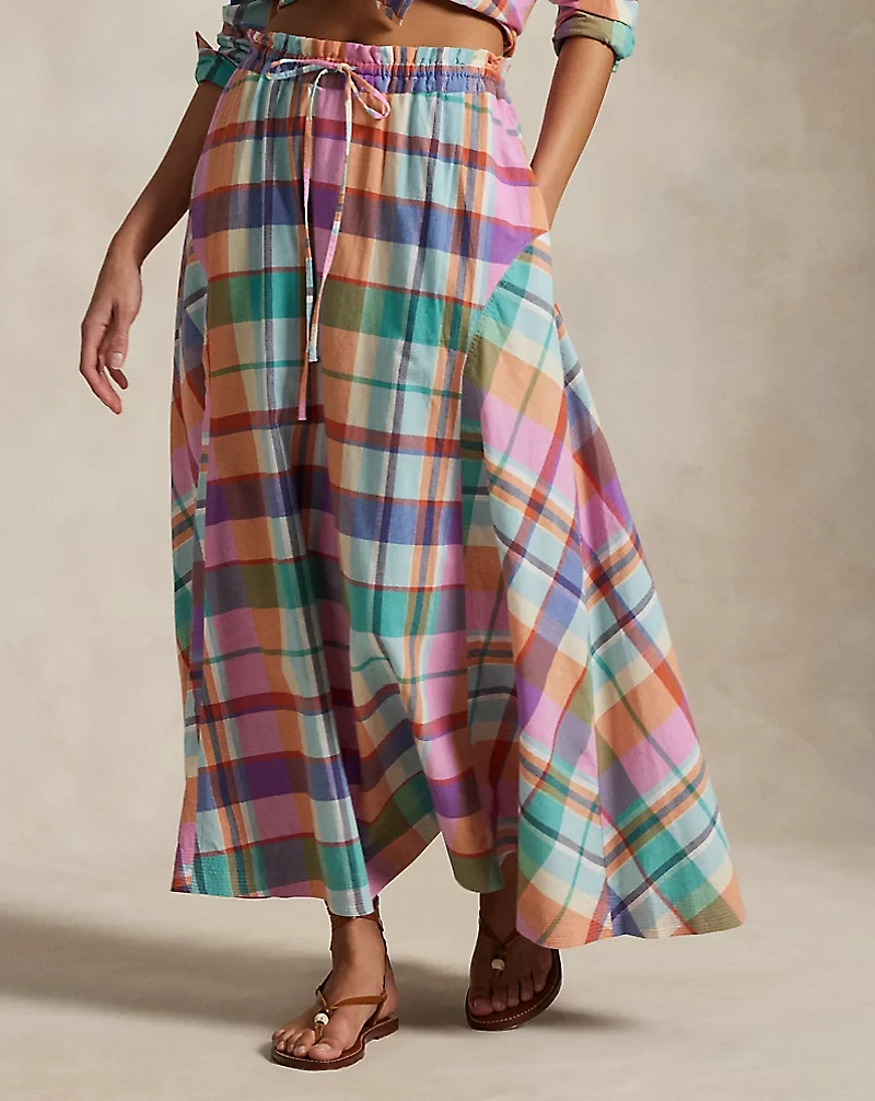 Plaid Cotton Drawstring Maxiskirt