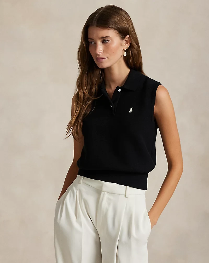 Cotton Cropped Sleeveless Polo Sweater