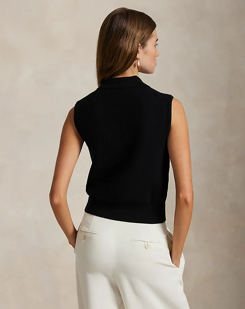 Cotton Cropped Sleeveless Polo Sweater