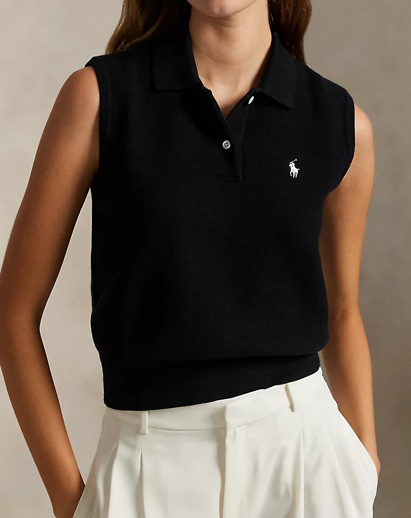 Cotton Cropped Sleeveless Polo Sweater