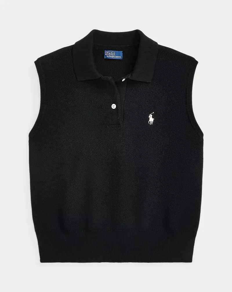 Cotton Cropped Sleeveless Polo Sweater