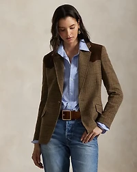 Suede-Trim Plaid Wool Blazer