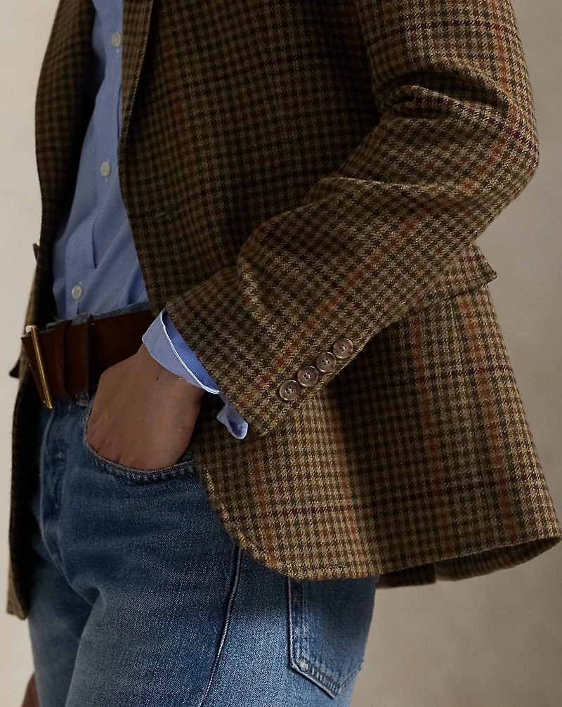 Suede-Trim Plaid Wool Blazer