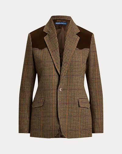 Suede-Trim Plaid Wool Blazer