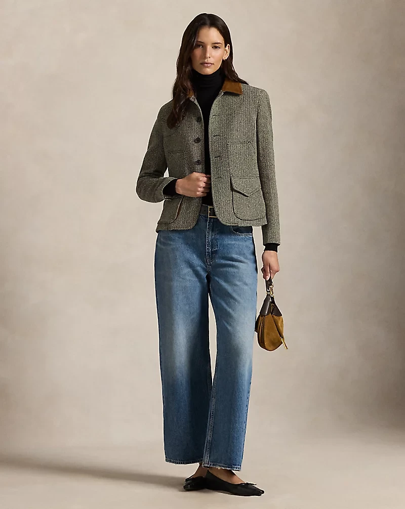 Suede-Trim Herringbone Jacket