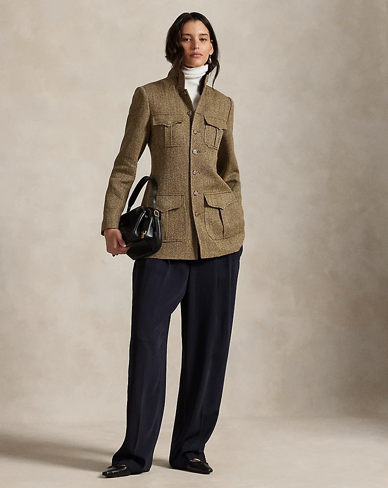 Linen-Blend Herringbone Mockneck Jacket