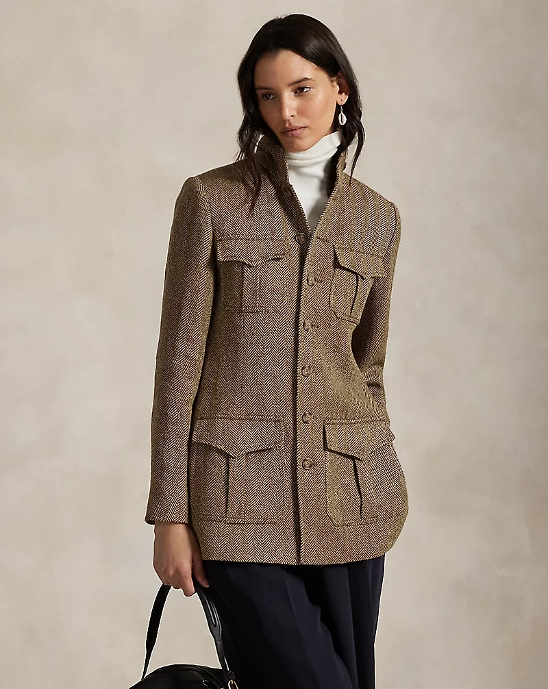 Linen-Blend Herringbone Mockneck Jacket