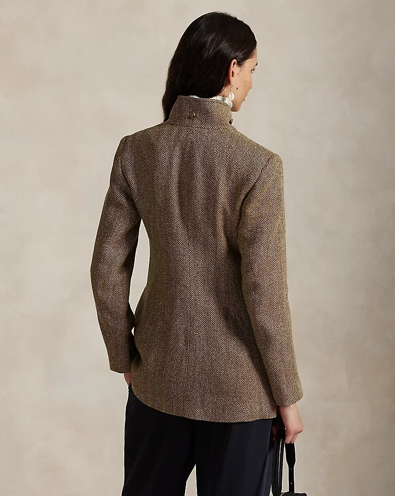 Linen-Blend Herringbone Mockneck Jacket