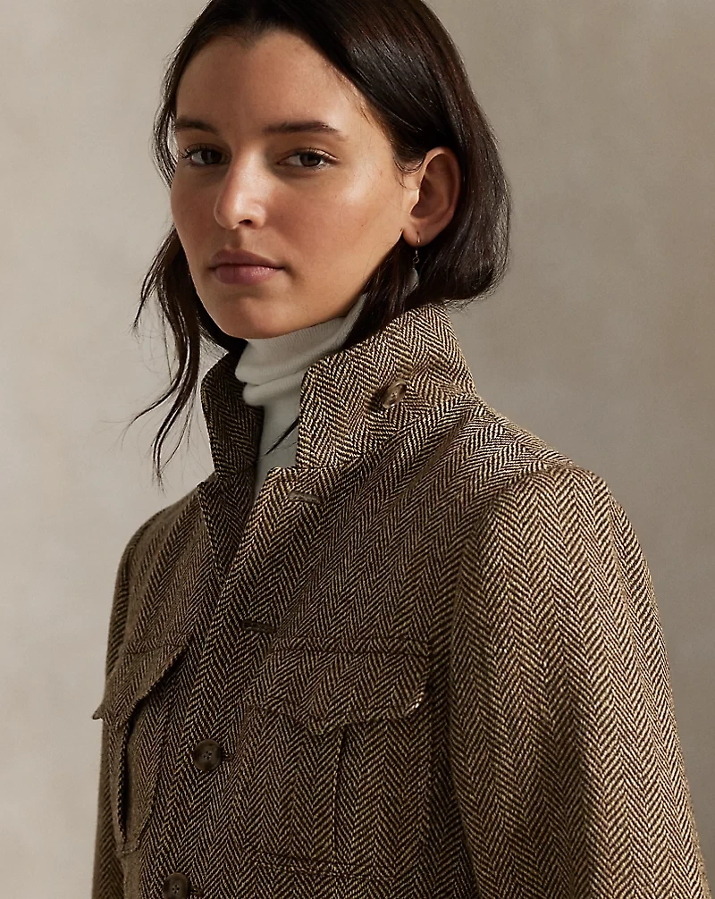 Linen-Blend Herringbone Mockneck Jacket