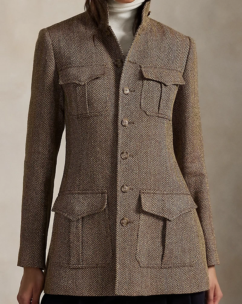 Linen-Blend Herringbone Mockneck Jacket