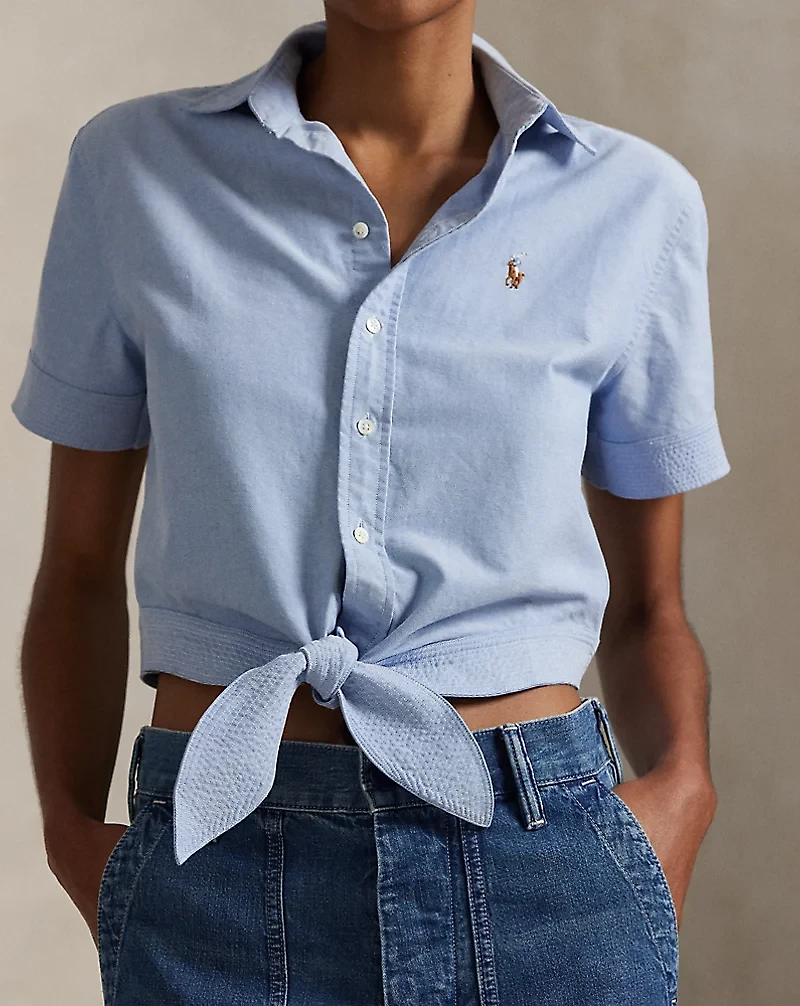 Cotton Oxford Tie-Front Cropped Shirt
