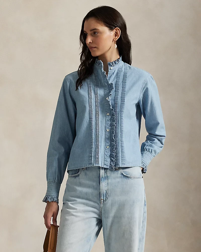 Ruffle-Trim Chambray Top