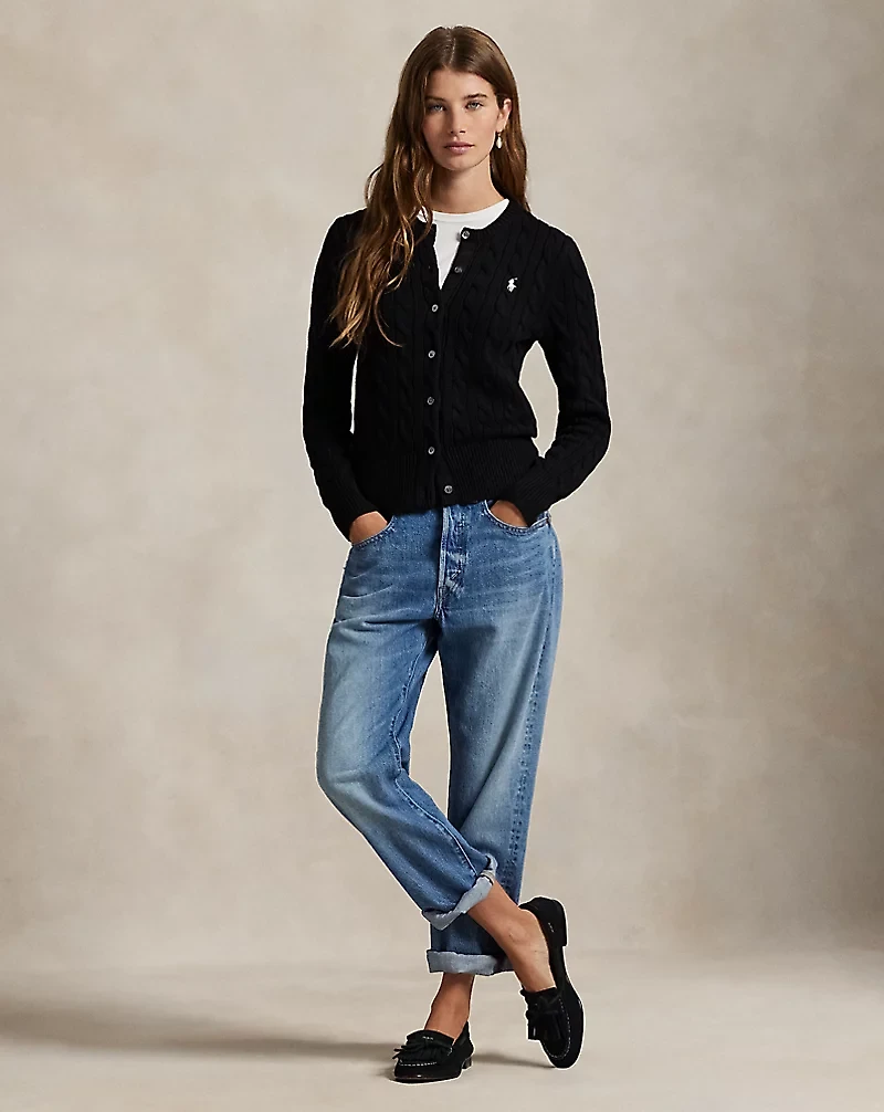 Cable-Knit Cotton Crewneck Cardigan