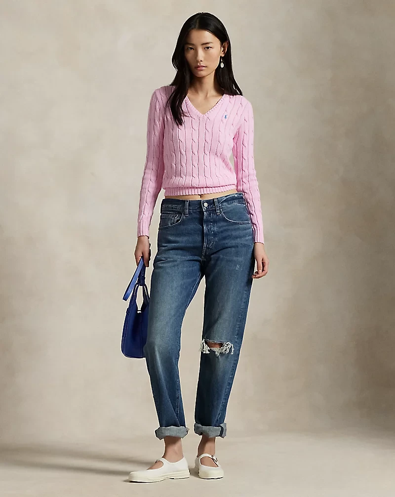 Cable-Knit Cotton V-Neck Sweater