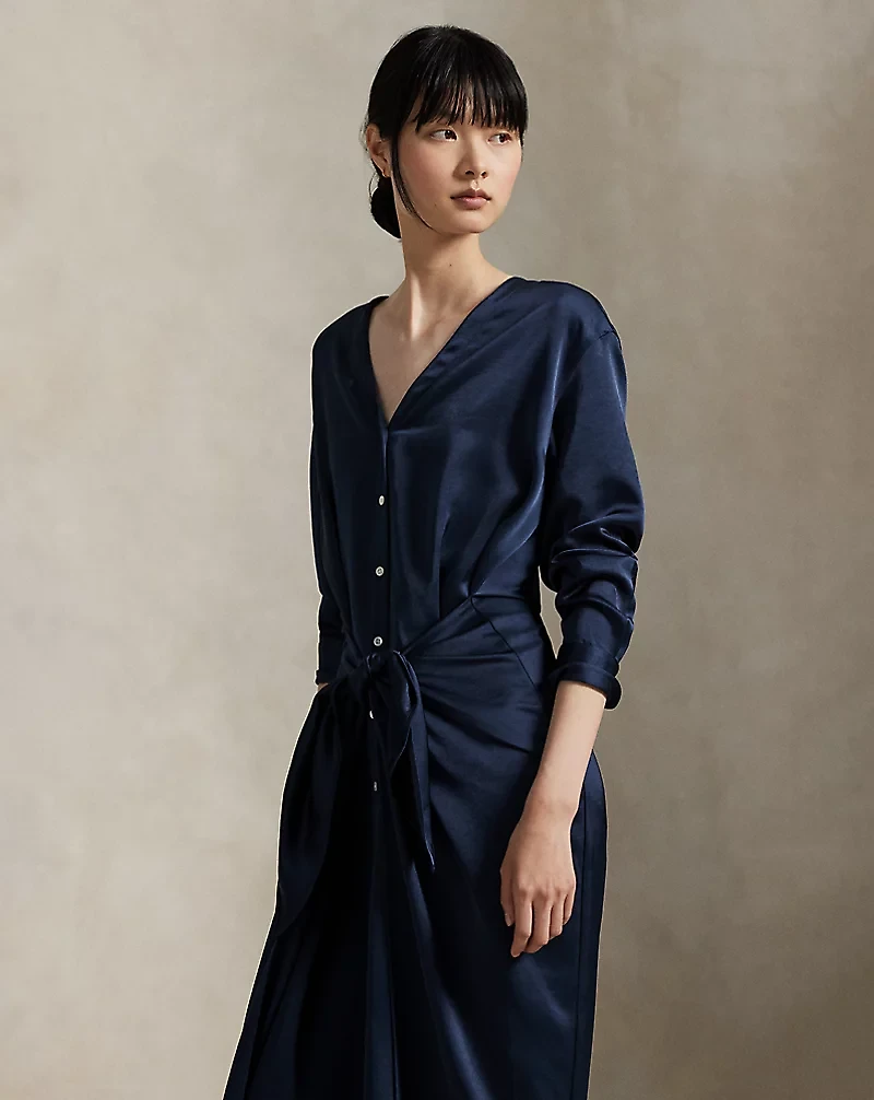 Satin Tie-Front Wrap Shirtdress