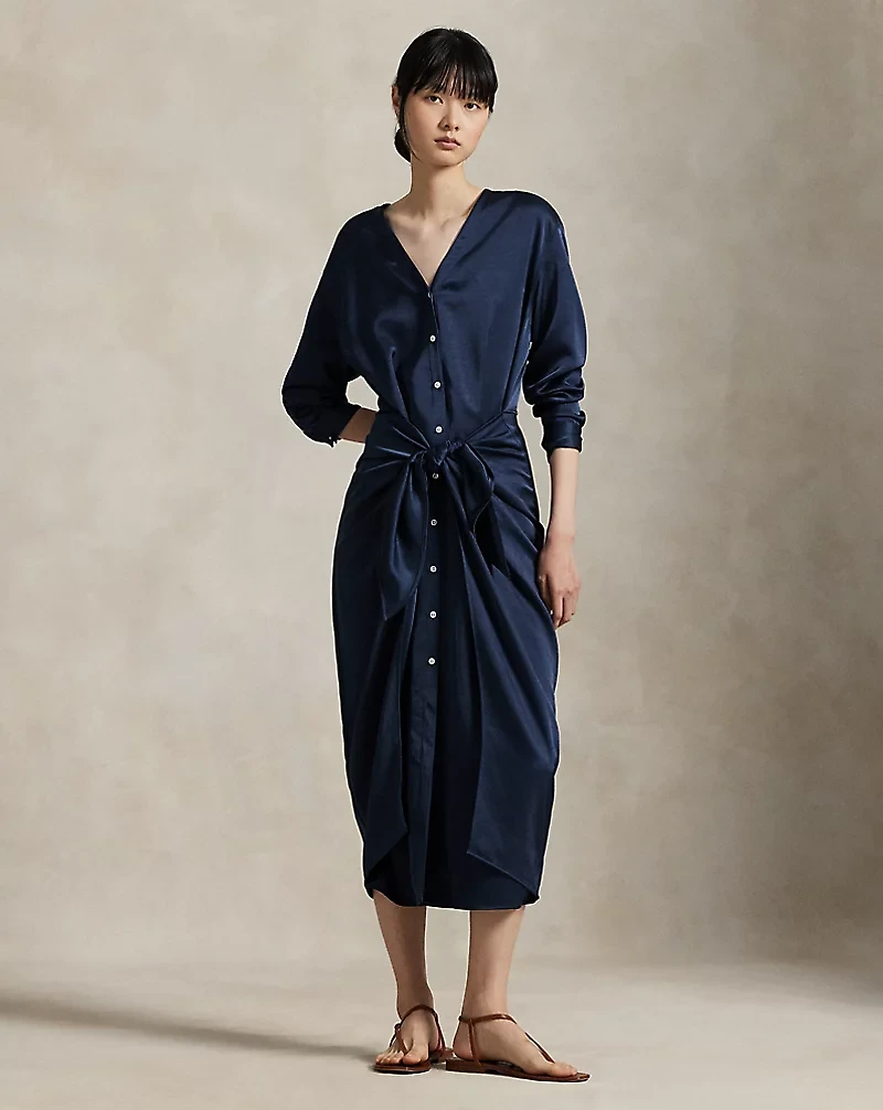 Satin Tie-Front Wrap Shirtdress