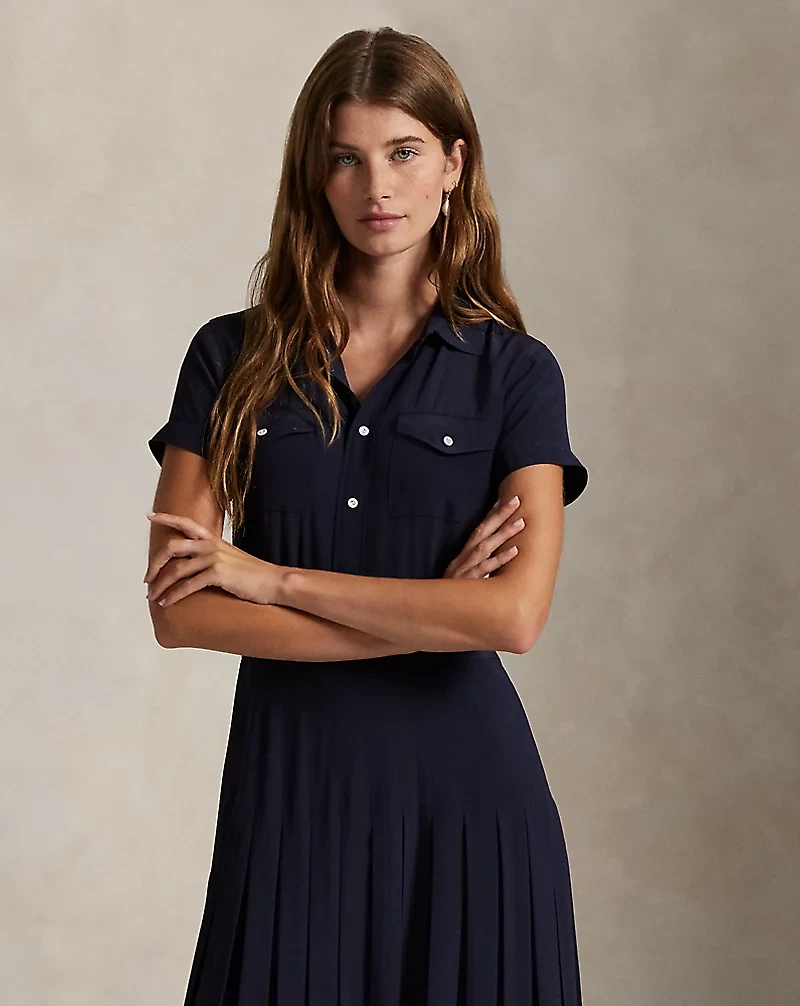Silk Crepe Pleated Shirtdress