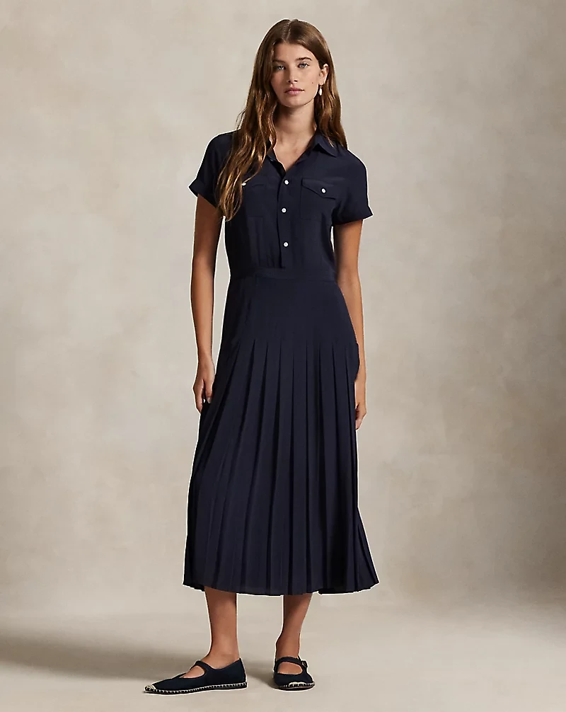 Silk Crepe Pleated Shirtdress