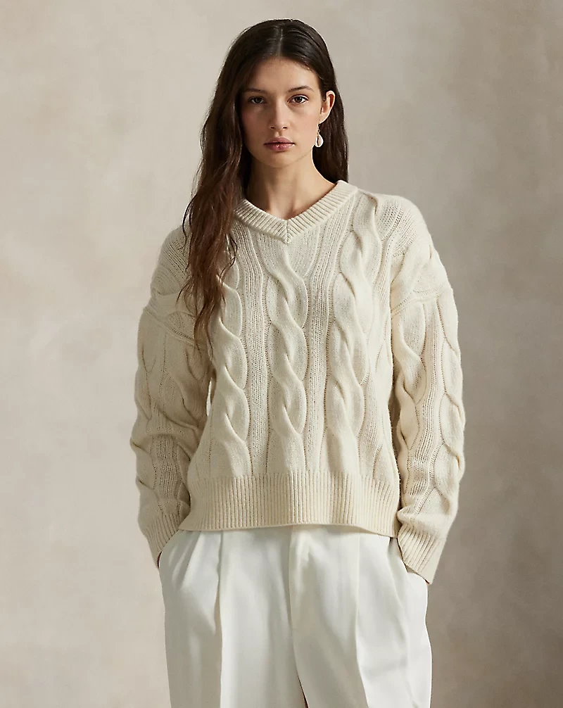Cable-Knit Wool-Cashmere V-Neck Sweater