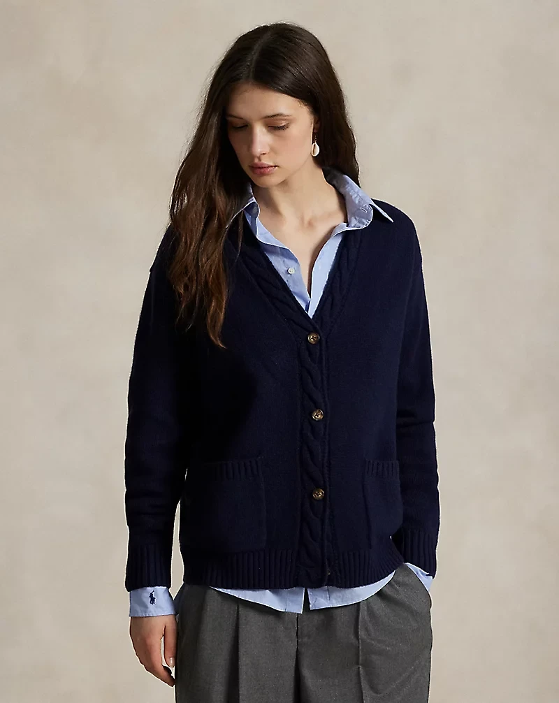 Cable-Trim Wool-Cashmere Cardigan