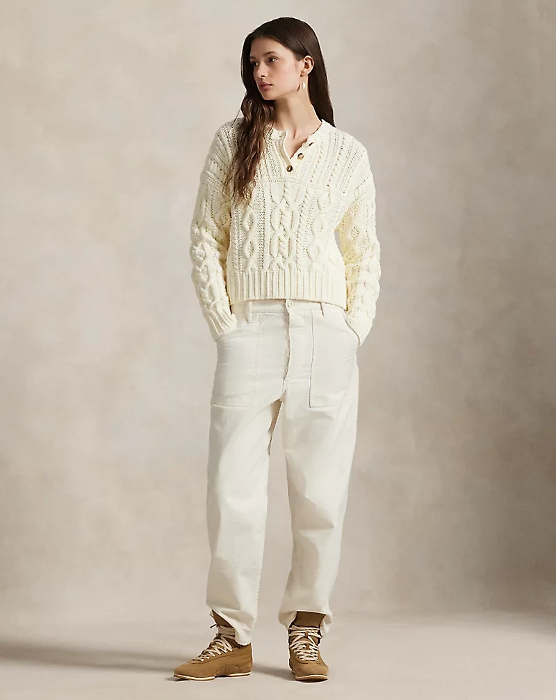 Aran-Knit Cotton Henley Sweater
