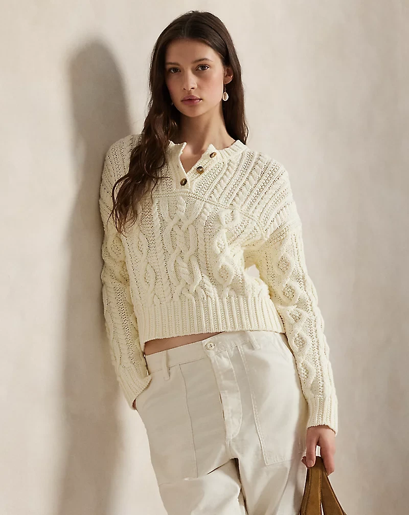 Aran-Knit Cotton Henley Sweater