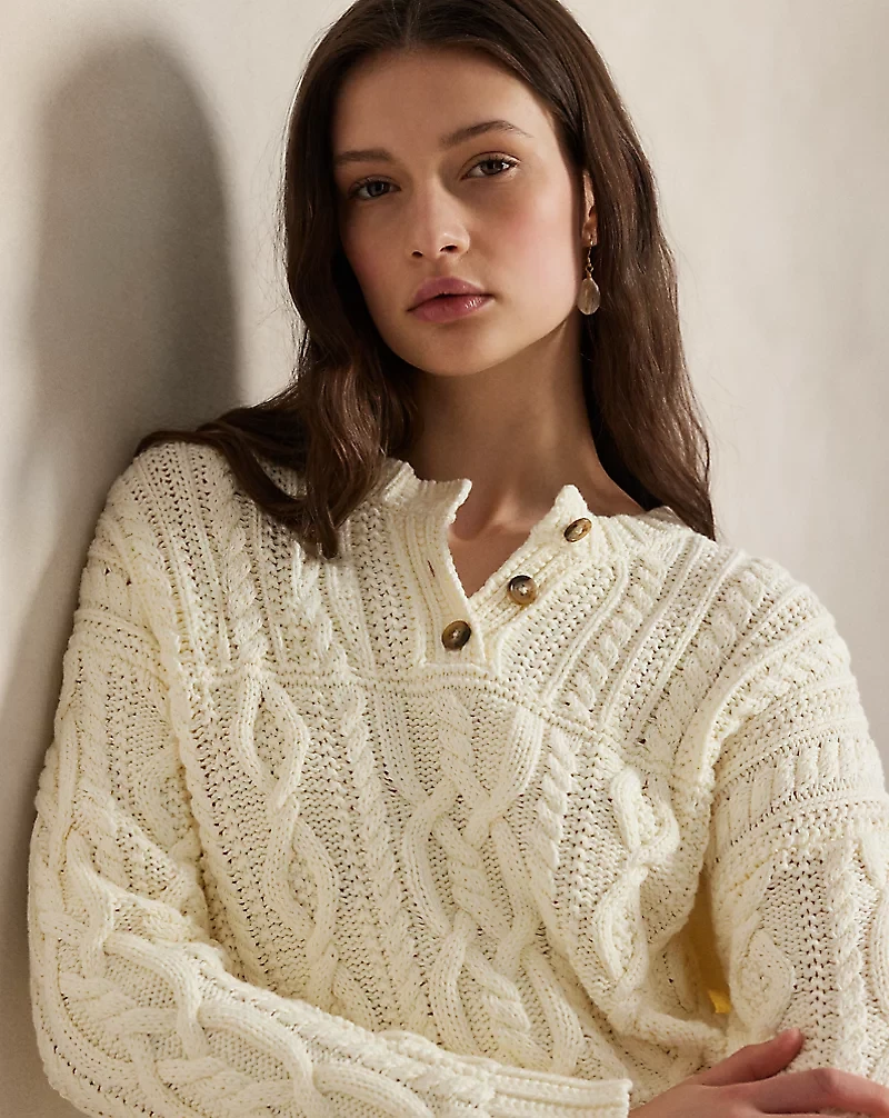 Aran-Knit Cotton Henley Sweater