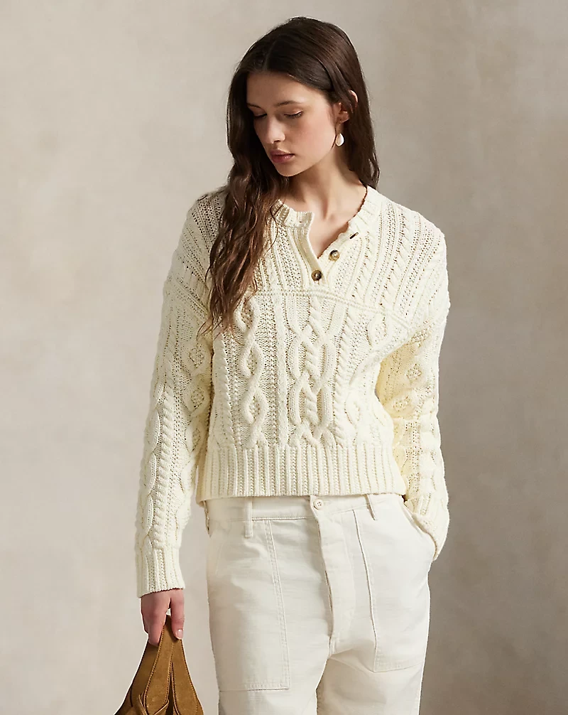 Aran-Knit Cotton Henley Sweater