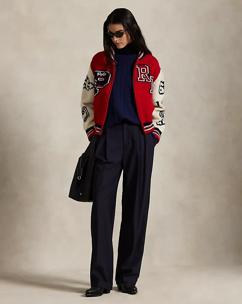 Wool-Blend Zip Letter Cardigan