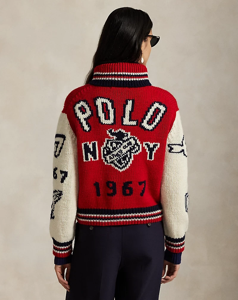 Wool-Blend Zip Letter Cardigan