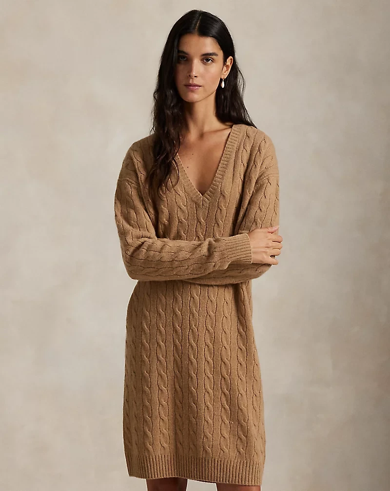 Cable Wool-Cashmere V-Neck Sweater Dress