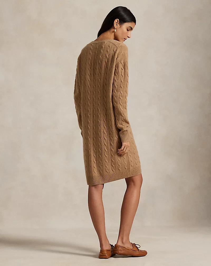 Cable Wool-Cashmere V-Neck Sweater Dress