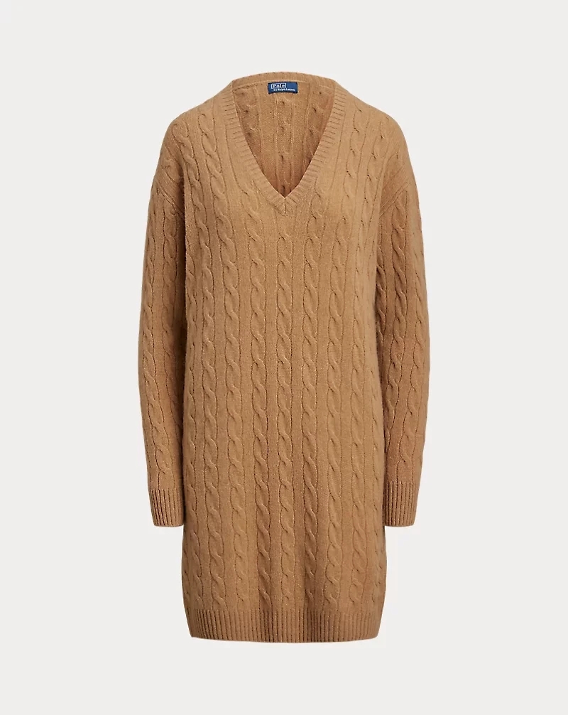 Cable Wool-Cashmere V-Neck Sweater Dress