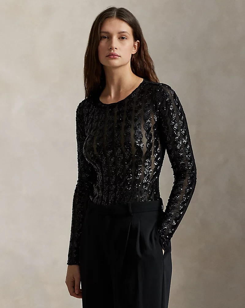 Cable-Sequin Mesh Bodysuit